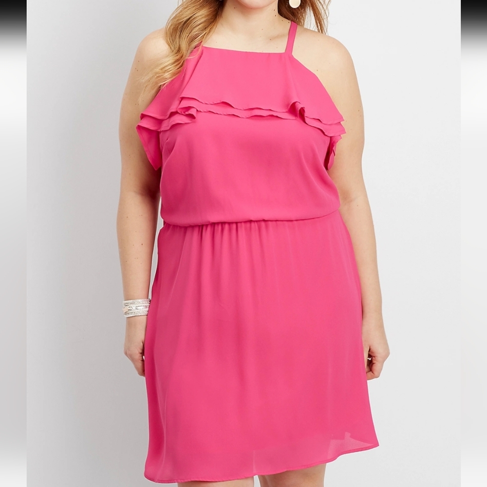 Maurices Bright Pink Ruffle Halter Sundress Sz Large